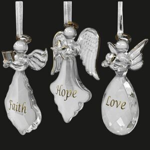 Set of 3 Glass Angel Ornaments with Gold Script Font & Trim: Faith Hope Love